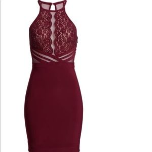 Shear and lace mid dress maroon